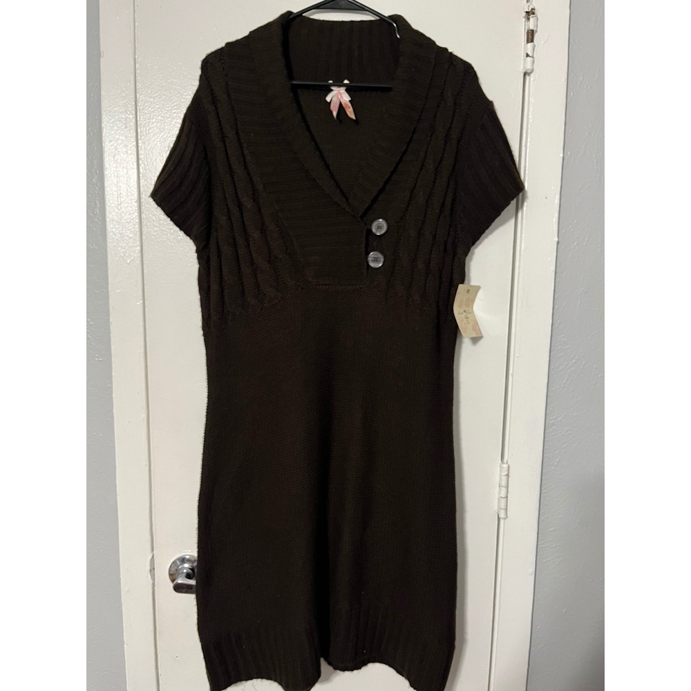 Derek Heart Plus Brown Cable Knit Short Sleeve Sweater Dress Shawl Collar 1X NWT